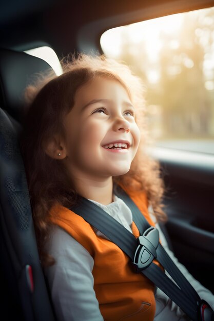 hay una niña pequeña sentada en un asiento de coche sonriendo IA generativa