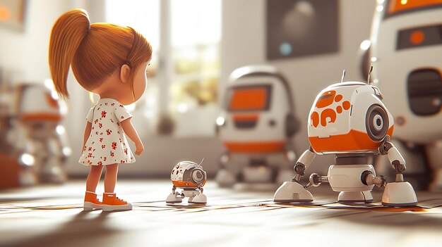 hay una niña de pie al lado de un robot y un robot