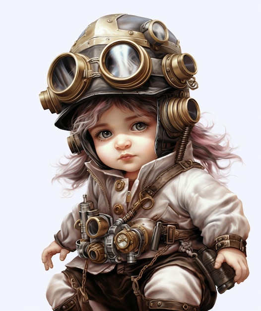 Hay una niña que lleva un casco steam punk y gafas generativas ai