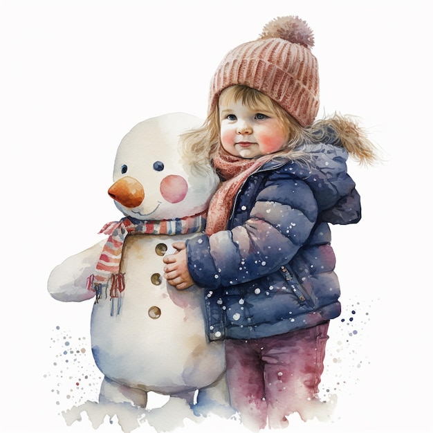 Hay una niña que sostiene un ai generativo de muñeco de nieve.