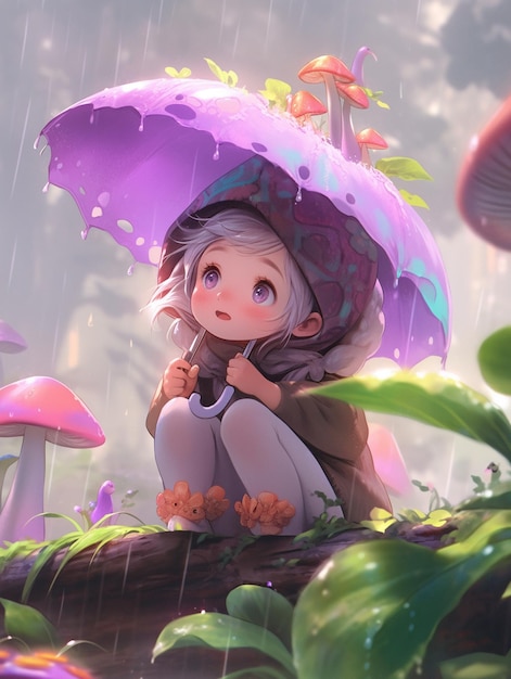 Hay una niña sentada bajo un paraguas bajo la lluvia ai generativo