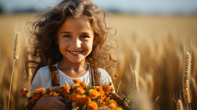 hay una niña sosteniendo un ramo de flores en un campo IA generativa