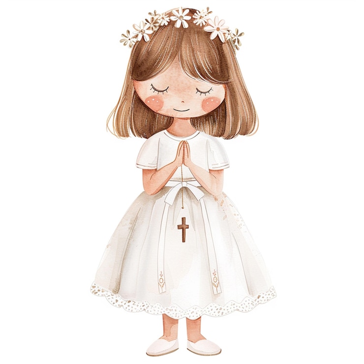 Foto hay una niña con un vestido blanco y un cross generative ai