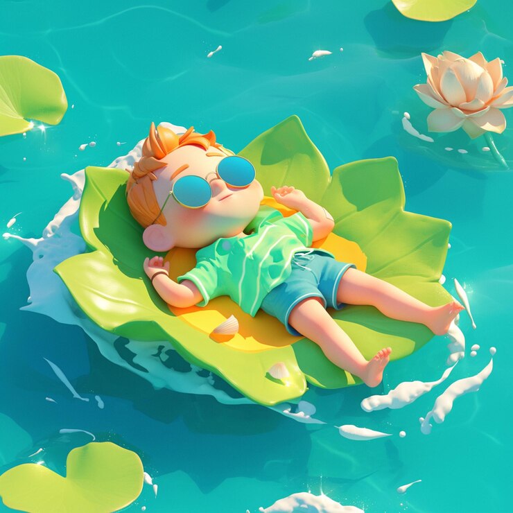 hay un niño de dibujos animados acostado en una hoja flotante en el agua generativo ai