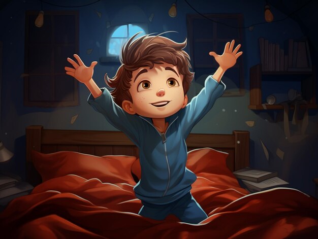 hay un niño de dibujos animados saltando sobre una cama en una habitación oscura ai generativa