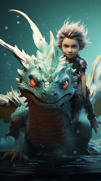 hay un niño montando un dragón en el agua ai generativa