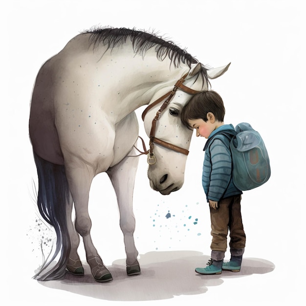 Hay un niño parado al lado de un caballo con una mochila generativa ai