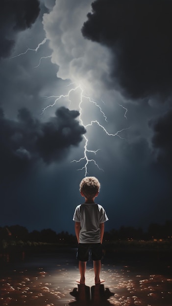 hay un niño parado sobre una roca en medio de una tormenta eléctrica ai generativa