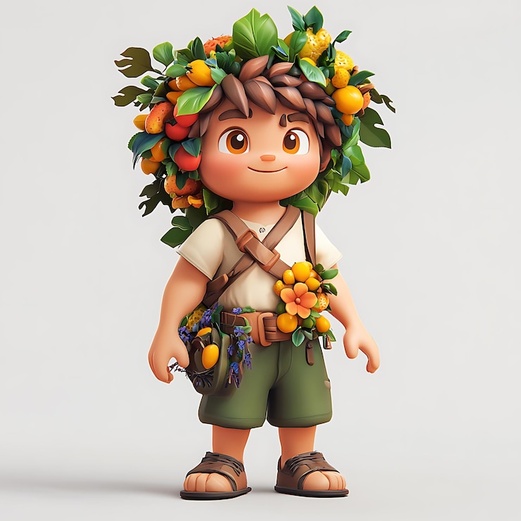 Foto hay un niño pequeño con una canasta de frutas en la cabeza