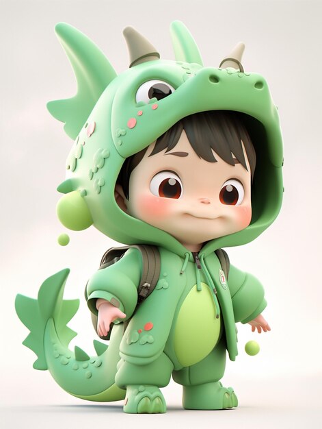 Hay un niño pequeño con un disfraz de dragón verde generativo ai