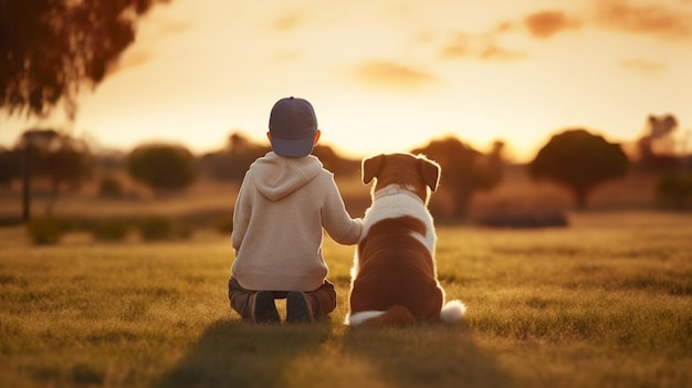 hay un niño y un perro sentados en la hierba ai generativa