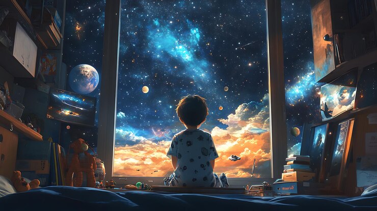 hay un niño sentado en una cama mirando por una ventana a las estrellas