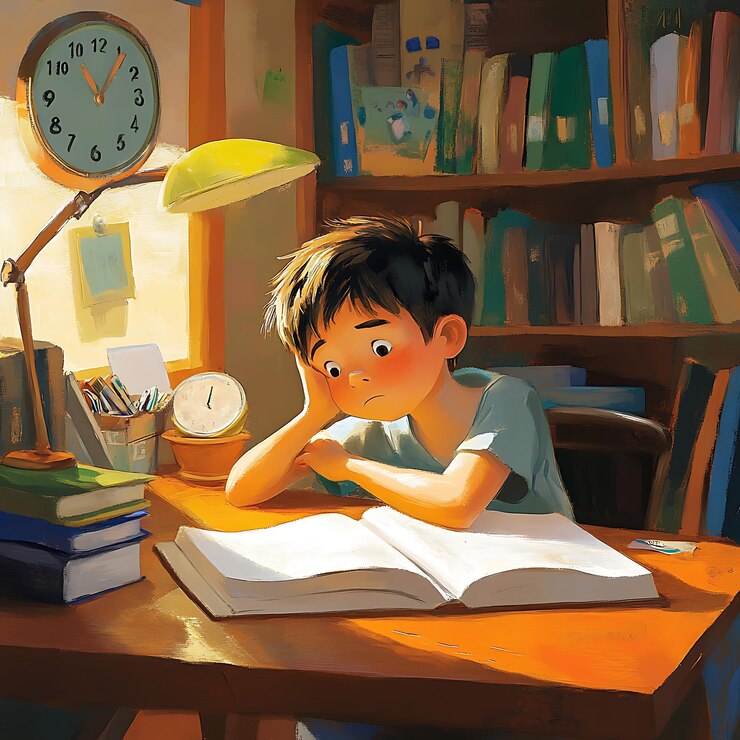hay un niño sentado en una mesa leyendo un libro