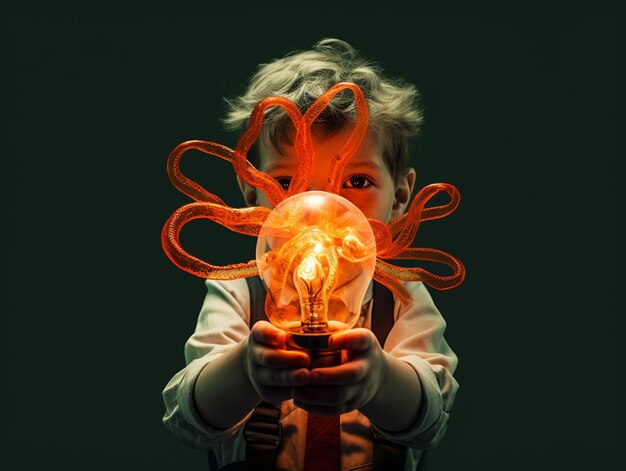 Foto hay un niño sosteniendo una bombilla con una luz naranja brillante generativa ai