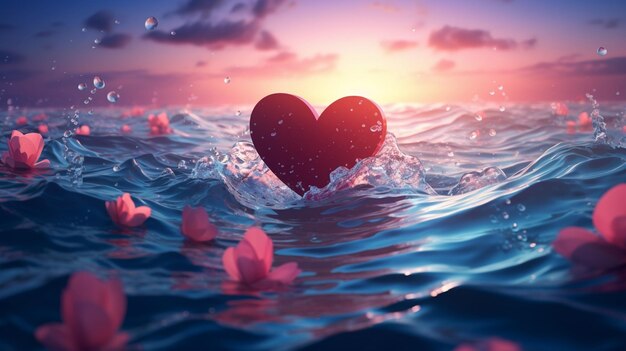 Hay un objeto en forma de corazón flotando en el agua con flores generativas ai