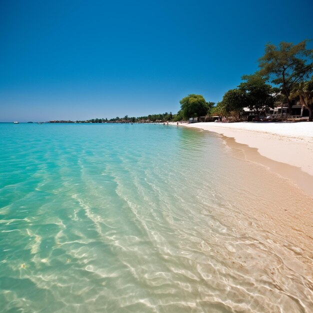 Hay un océano azul claro con una playa de arena y una playa de playa blanca generativa ai