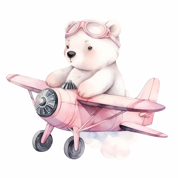 hay un oso blanco sentado en la parte superior de un avión rosa generativo ai
