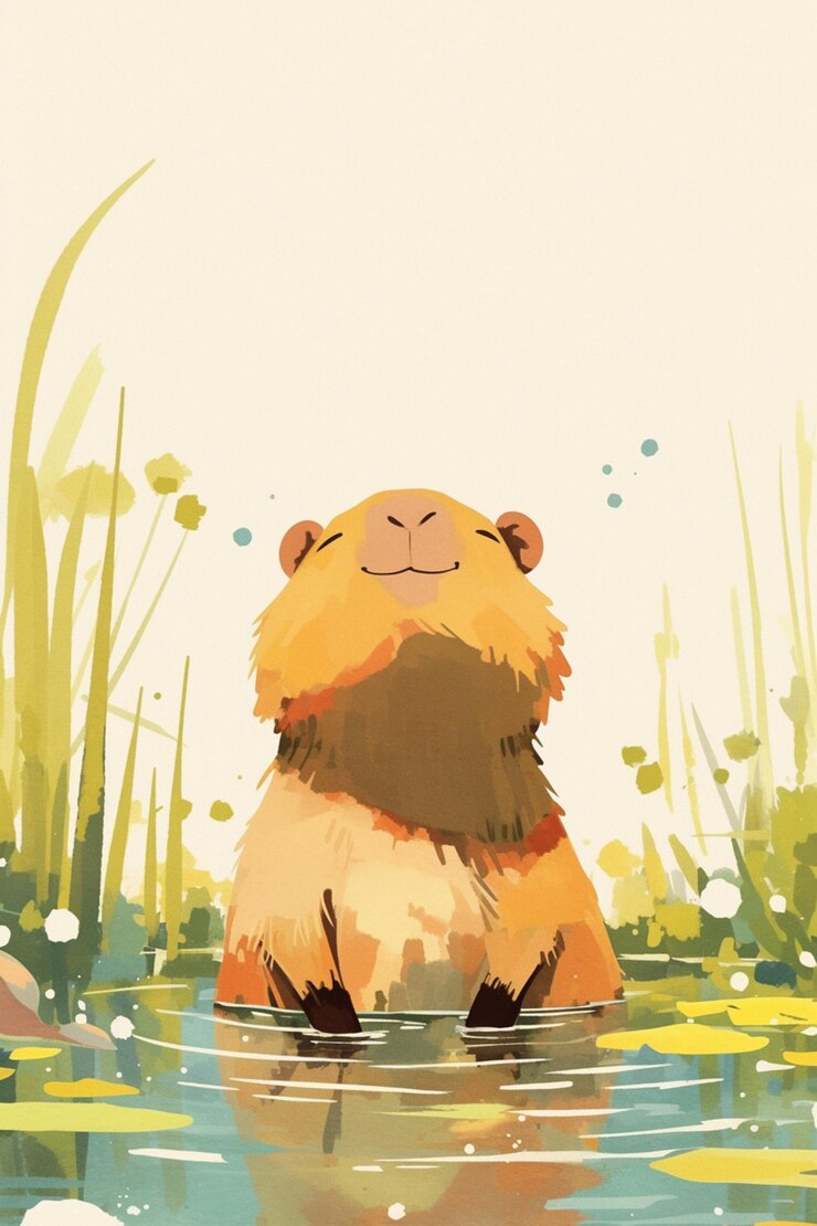 Foto hay un oso de dibujos animados sentado en el agua con los ojos cerrados.
