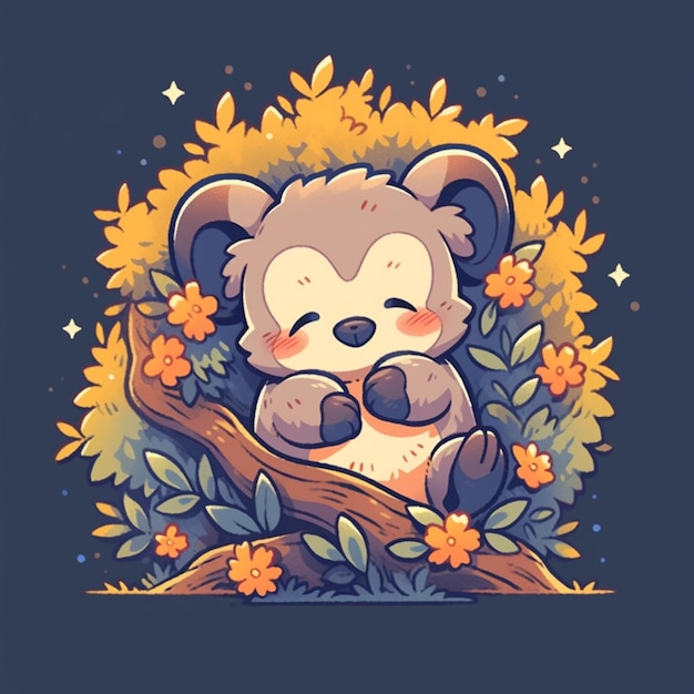 hay un oso de dibujos animados sentado en la rama de un árbol con flores ai generativo