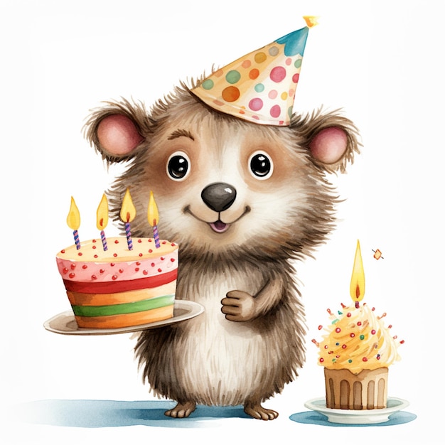Foto hay un oso de dibujos animados sosteniendo un pastel con velas generativo ai