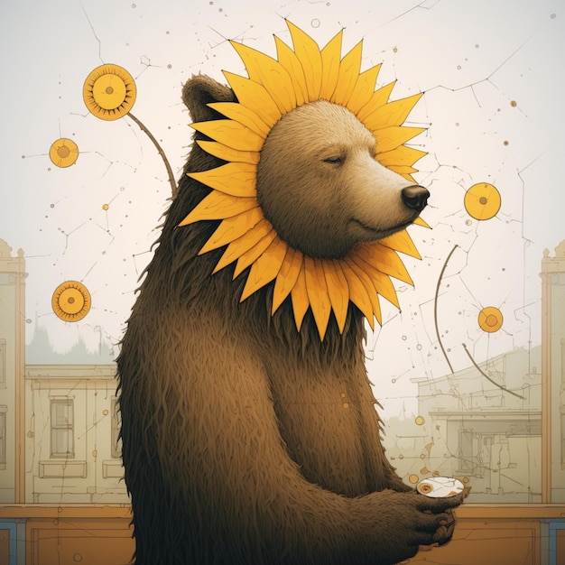 hay un oso con un girasol en la cabeza generativo ai