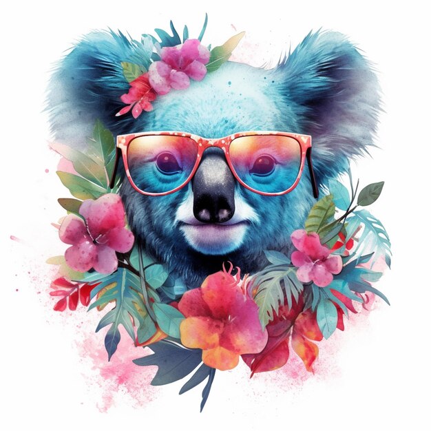 Hay un oso koala con gafas de sol y flores generativas ai.