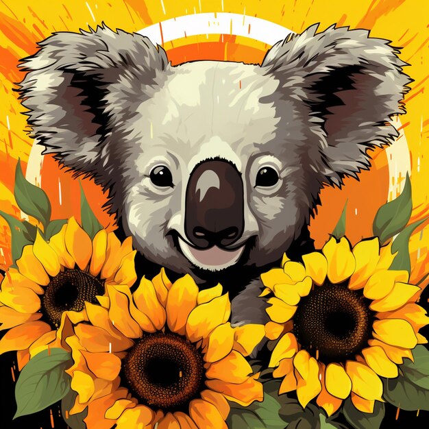 hay un oso koala con girasoles en un fondo amarillo generativo ai