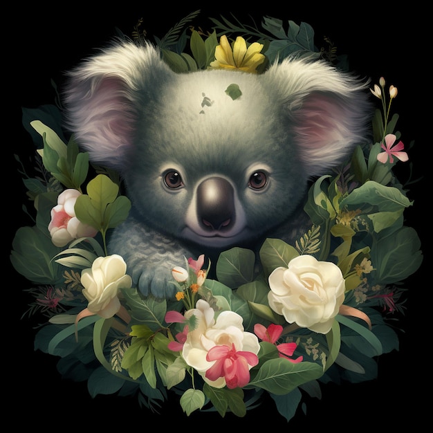 hay un oso koala rodeado de flores y hojas ai generativo