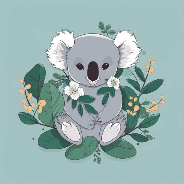 Hay un oso koala sentado en una rama con flores generativas ai
