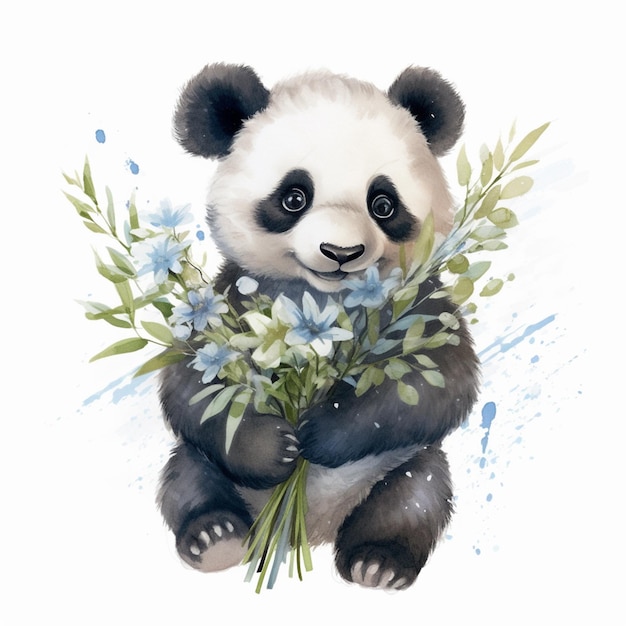 Hay un oso panda que sostiene un ramo de flores en sus patas ai generativo