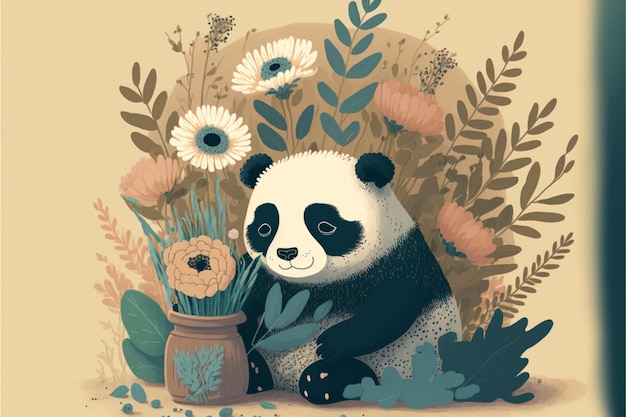 Hay un oso panda sentado en la hierba con flores generativas ai