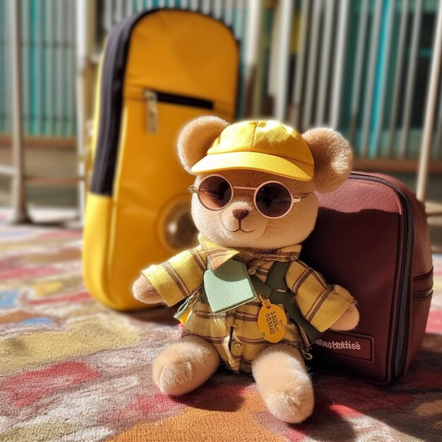 Hay un oso de peluche con gafas de sol y un sombrero al lado de una maleta generativa ai