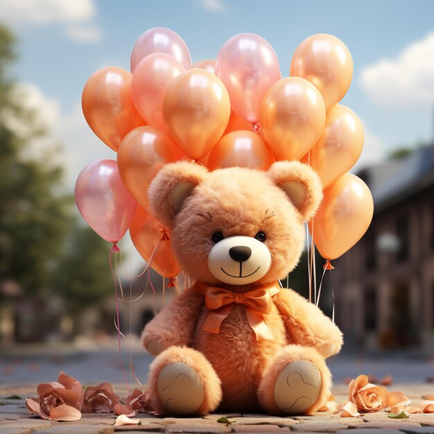 hay un oso de peluche con globos unidos a él generativo ai