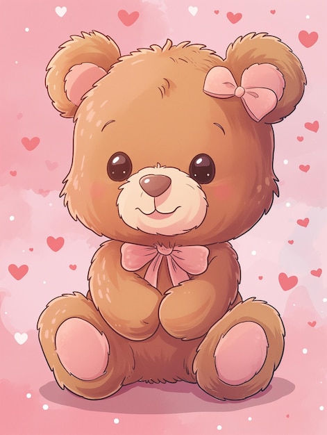 Foto hay un oso de peluche marrón con un arco sentado en un fondo rosa generativo ai