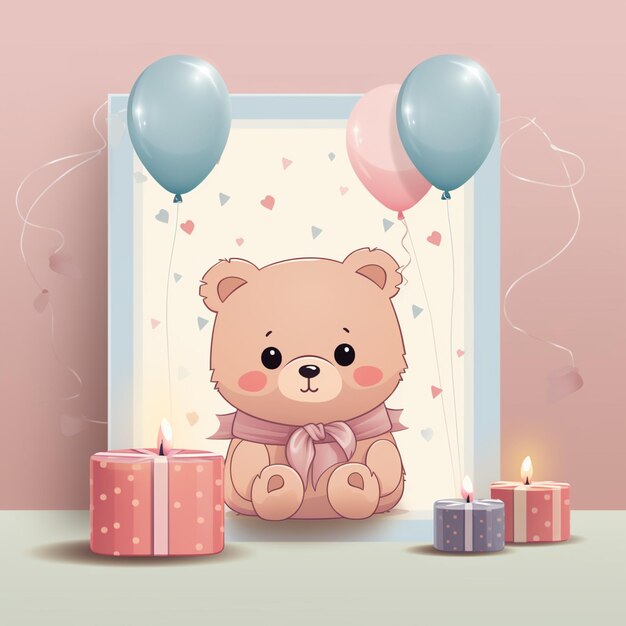 Foto hay un oso de peluche sentado al lado de un pastel de cumpleaños y globos generativo ai