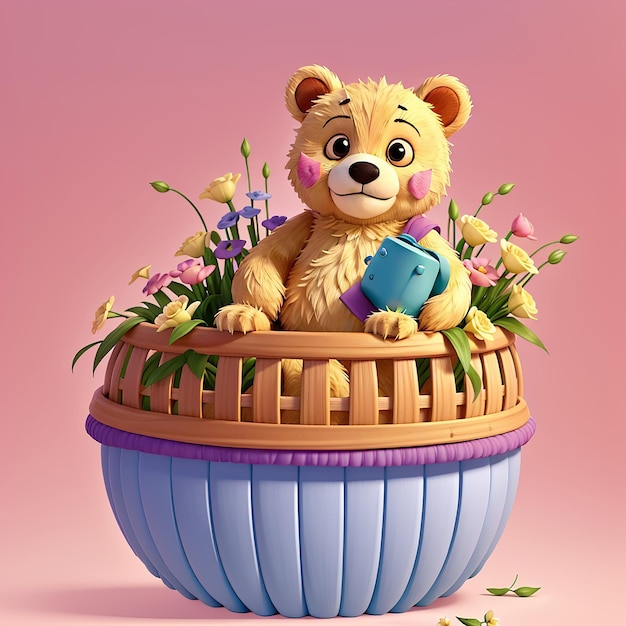 Hay un oso de peluche sentado en una canasta con flores