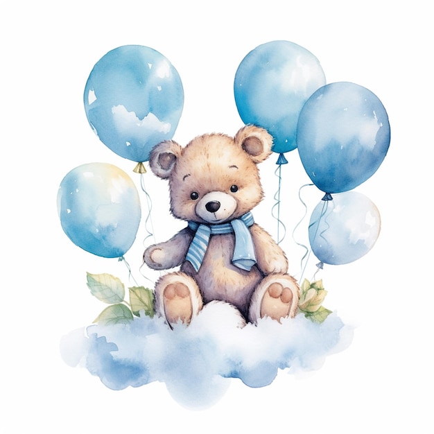 Hay un oso de peluche sentado en una nube con globos azules generativos ai