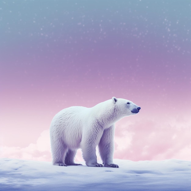 hay un oso polar de pie en una colina nevada con un fondo de cielo generativo ai