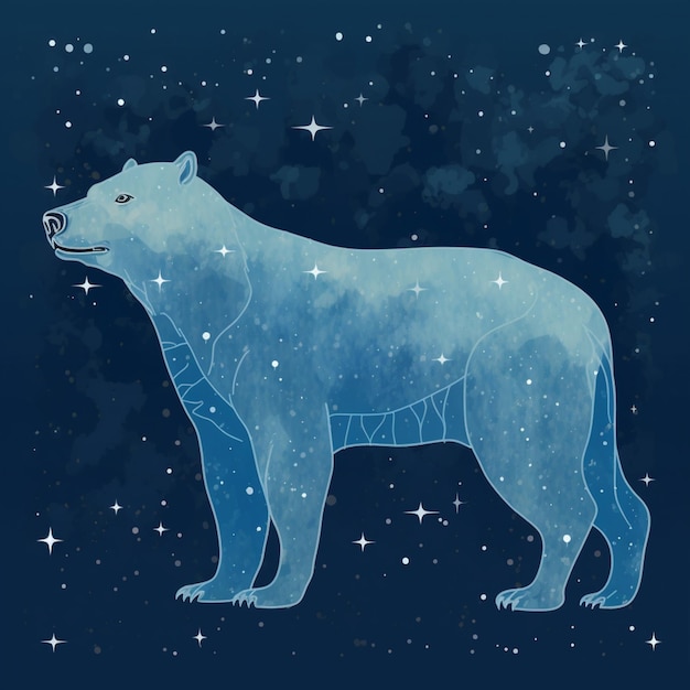 Hay un oso polar de pie en la nieve con estrellas en el fondo generativo ai