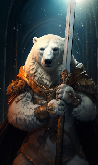 Hay un oso polar que sostiene una espada en su mano ai generativo
