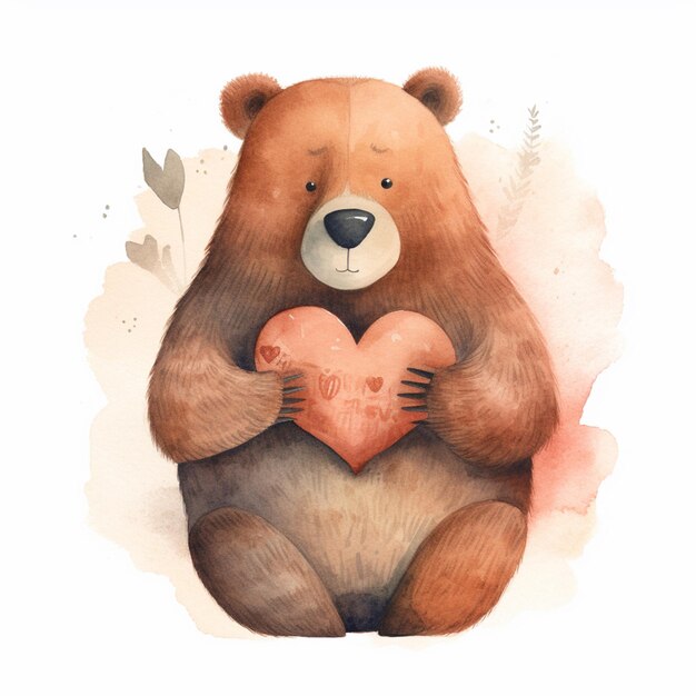 Hay un oso que sostiene un corazón en sus patas ai generativo