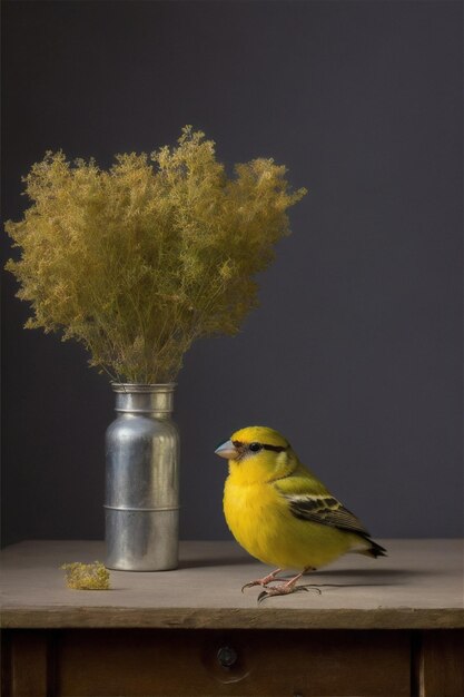 hay un pájaro amarillo sentado en una mesa junto a un jarrón de flores