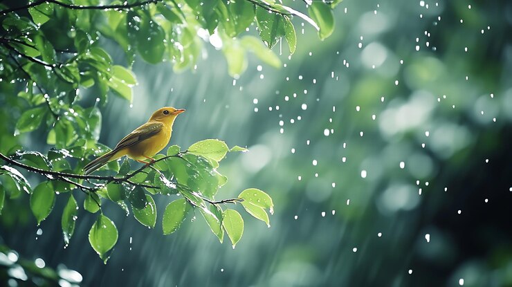 hay un pájaro amarillo sentado en una rama en la lluvia