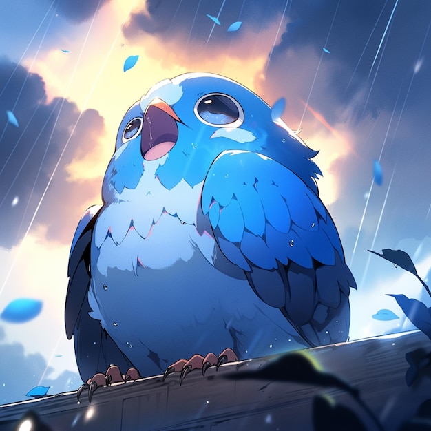 Hay un pájaro azul sentado en una cornisa bajo la lluvia ai generativo