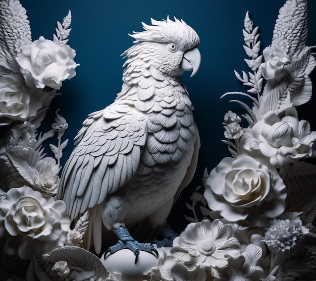 Hay un pájaro blanco sentado en un arreglo floral con flores blancas generativas ai
