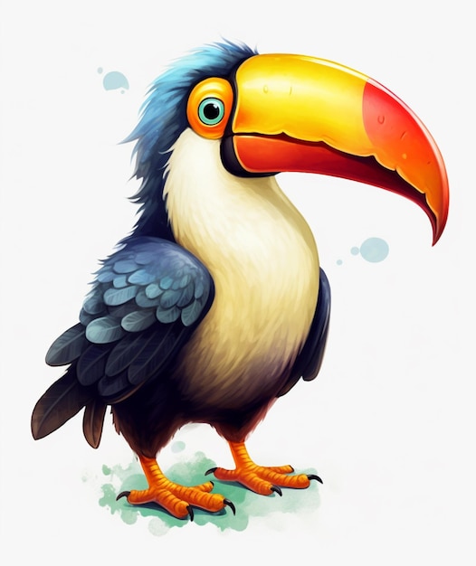 Hay un pájaro de dibujos animados con un pico colorido en un fondo blanco generativo ai