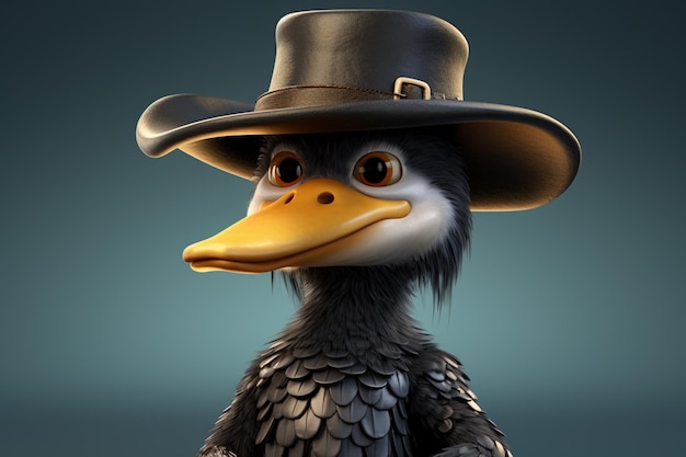 hay un pájaro de dibujos animados con un sombrero y una chaqueta negra generativa ai