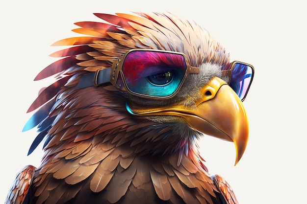 Hay un pájaro con gafas de sol en la cabeza y un ai generativo de pico colorido.