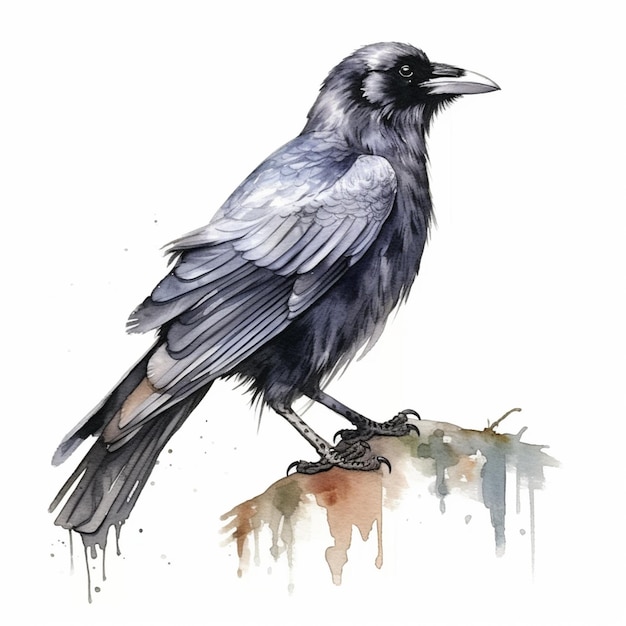 Hay un pájaro negro sentado en una rama con un ai generativo de fondo blanco.
