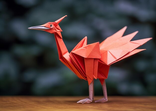 Foto hay un pájaro de origami rojo que está de pie en una mesa generativa ai